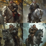 **a dwarf warior mounted on a dappled gray war pony. he is wearing gloves. the mood is alert. detailed natural background, high fantasy atmosphere, anime, --cref <https://s.mj.run/j1nWzMlxF-Y> --cw 0 --v 6.1** - <@334398819246538773> (relaxed)