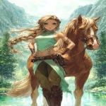 **<https://s.mj.run/x-bfnkC4zls> <https://s.mj.run/y2tZSvOzr-g> photorealistic, in the style of Artgerm and Boris Vallejo, anime style, centaur, distant view portrait of the centaur teenager, with long silky blonde hair, Irish beauty, her mare's body chestnut in color with streaks of off-white, standing in front of a hidden large shimmering lake of mystical beauty in the daylight, some trees here and there, staring into the camera with green eyes, playful pose as in a children's book illustration, 8k, UHD, digital --ar 24:37 --s 729 --p pb7o4b5 --sref 838990968 <https://s.mj.run/H4Rzb7WMHBo> <https://s.mj.run/XmjN-whuKWg> <https://s.mj.run/3YjbbC3OtVk> --v 7.0** - Image #3 <@203743660951470080>