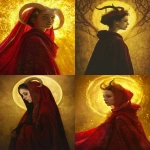 **Hyper-realistic portrait of a woman in a flowing red cloak with intricate details, wearing curved horns on her head, turned in three-quarter view with her head slightly raised, pale skin with realistic textures, dramatic and ethereal yellow glowing background creating a radiant aura, inspired by dark fantasy aesthetics, soft lighting emphasizing her features, cinematic atmosphere, --ar 3:4 --v 6.0 --raw** - <@1352144167198789655> (fast)