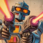 **scifi comic book style, classic robot, holding two ray guns, firing lasers, glowing eyes, colorful, scifi comic book style** - Image #3 <@186377350642925568>