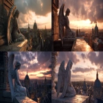 **marble angel statue sitting on a cathedral ledge, overlooking an ancient European city at sunset, warm golden sunlight reflecting on the marble surface, dramatic sky with orange and purple clouds, detailed feathers, cinematic lighting, serene and melancholic mood, ultra realistic 8k, architectural background with domes and spires, depth of field, --ar 16:9 --v 7.0 --raw** - <@840206790985383936> (fast)