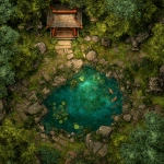 **a tabletop vtt battlemap. Gridless. a hidden japanese kami shrine in a forest. a pool with carp and lilypads. a small stone shrine. Foundry roll20 style vtt map** - Image #2 <@607670360539660330>