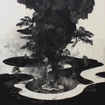 **fumarole eerie painting with a color scheme of monochromatic black and white with a pop of Color. The painting uses cross-hatching and palette knife techniques, inspired by analog horror, grunge Polaroids, ukiyo-e and retro Japanese horror. The mood is mysterious and unsettling --niji 6** - Image #3 <@948741381743083580>