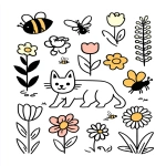 **a children's book illustration loose scribble of flowers, a cat, a mouse, bees and butterflies, for Vogue --ar 9:11 --q 2 --p s7fydcn --v 7.0 --raw --sref 2052529805 3781252808** - Image #4 <@1059292469474373672>