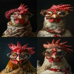 **A chicken wearing a red and hite polka dot headband and large glasses, with its tongue sticking out, in a humorous pose against a black background, in the style of an oil painting. --ar 4:7 --v 6.0 --s 250** - <@756269320539209761> (fast)