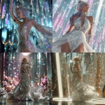 **Aspect ratio 9:16. A futuristic goddess of light stands in a radiant hall of crystal and mirrored glass. Her presence is divine and magnetic her gown made of flowing metallic fabric that ripples like liquid silver and glows with embedded galaxies. The dress sparkles with countless tiny gems, sequins, and holographic panels that catch beams of neon light as she moves. Her skin glows softly beneath layers of luminous fabric; her hair is a cascade of iridescent waves, refracting shades of sapphire, gold, and violet. She wears ornate gold-and-chrome jewelry glowing arm cuffs, layered neckpiece, and crown-like headpiece emitting delicate rays of light. The camera drifts slowly around her in 9:16 vertical frame, soft FPV dolly and orbit movement as glitter particles swirl through the air. The background shimmers with futuristic architecture suspended light pillars, holographic patterns, and drifting crystal dust. Lighting: radiant, cinematic, volumetric light shafts with shimmering glitter motes floating in slow motion. Color palette: platinum, rose gold, sapphire, amethyst, and ultraviolet. Mood: transcendent, glamorous, ethereal power. Style: high-fashion sci-fi divinity, maximalist sparkle, hyperreal beauty. Motion: graceful slow movement, shimmering reflections, light pulse synced to motion. --v 7.0** - <@692146423638261810> (fast)
-# Create, explore, and organize on [midjourney.com](<https://midjourney.com/imagine?from_discord=1>)