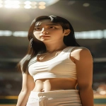 **<https://s.mj.run/BL_53ZbS-bc> a cinematic ultra-realistic full-body portrait of a Korean female ceremonial baseball pitcher standing on the mound before the first pitch in a bright stadium, referencing the face, body style, and pose from the provided image, wearing a tight stretch-fit sleeveless cropped sports top and short white spandex shorts, both in matching ivory or pure white tones, made of thin high-performance fabric, no logos or text, toned athletic physique, confident expression, sunlight illuminating her figure, blurred cheering crowd in the background, cinematic lighting, natural skin texture, 9:16 vertical frame --v 6.0 --ar 9:16 --no watermark --raw** - Image #1 <@1404035603569311864>