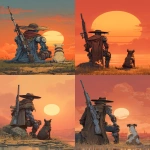 **a man with a metallic arm, a futuristic rifle, and a broad brimmed hat looking toward the setting sun. his dog is sitting next to him, 8bit art, 120dpi --ar 5:7** - <@481618854582157330> (fast)