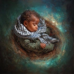 **make a detailed full body renaissance painting of the full body a middle eastern baby baby jesus sleeping in mid-distance in outerspace, like a ring nebula is his nest. it's important to see the texture in the painting. the baby has brown skin, green eyes and has a keffiyeh around his neck. we can see the full body of the baby. shot with 24mm wide-angle lens** - Image #1 <@1004567301909118977>