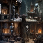 **a suit of platemail armor on a stand in a blacksmith shop with a forge and ore, D&D art --ar 5:3 --v 7.0** - <@632328592499539989> (fast)
