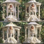 **a 1980’s Barbie doll in a wedding gown of satin and chiffon. The dress is mermaid style. The veil is simple and feminine. In the background is a beautiful gazebo. Ultra realistic, highly detailed, photorealistic. HD --v 7.0** - Variations (Strong) by <@1327691479602298971> (relaxed, stealth)