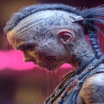 **orc woman, fangs, in the heavy hard rain, tempest, lightining, incandescent katana, tattooed head, super vitreous blank white eyes like empty blind eyes, editorial illustration of a young cyberpunk Asian girl warrior, punk hair cut half bald, from the underground cluber Tokyo drift club subculture, dendrokinetic Gang tattoo, blurred makeup, angry, kanji, --ar 3:5 --raw --p f6gpn1a sw3hfp8 o7iksp7 --stylize 750 --v 7.0** - Image #3 <@1054482006731395092>