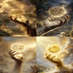 **a divine hand emerging clearly from a swirling cloud, holding a large glowing golden coin with a prominent Bitcoin symbol in the center. The hand is detailed and realistic, as if from a live-action film. The coin floats in front of the hand, shining brightly with golden light, surrounded by mystical sparkles. The background shows golden rays, a garden and a distant mountain path, everything in magical fantasy style, hyper-realistic, cinematic quality. --ar 7:12 --v 7.0 --raw** - <@1082409841915601038> (relaxed)