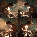 **a young boy inspired by Ganymede, working as a barista in a modern café, gently pouring coffee into a cup for a customer, wearing a loosely tied apron, fit and graceful build, nice chest, nice abs, warm morning sunlight, soft golden highlights on his face and arms, classical Greek design motifs subtly integrated into the café interior, pastel colors, cinematic photography, --ar 2:3** - Remix (Strong) by <@358254535862648853> (fast)