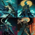 **A vibrant anthropomorphic scyphozoa space pirate, it is a bounty hunter wearing retro sci fi armor featuring elemental water, pale blue translucent skin, graphic novel cover, line art style, tentacle and seashell aesthetics, jelly nucleus, dark background, Tom Hildebrandt, Greg Hildebrandt, Peter Mohrbacher --p 552yful --ar 2:3 --niji 6** - <@348134085279088651> (fast)