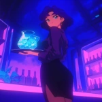 **Fuzzy 90s moe chibi kawaii Anime screengrab, A night club filled with smoke and mirrors that reflect the single beauty standing back a bit walking forward, it's a woman in a business jacket and a long pencil skirt, dark brown stockings, she's carrying a tray with a large pitcher of ice that has glistening blueish square cubes inside and condensation down the glass, her hair midnight blue with purple tips and short cut hair ending around the shoulders, confident smile, narrow squinting blue eyes, pencil thin black eyebrows flat --ar 6:7 --niji 6** - Upscaled (Creative) by <@372629349565988865> (fast, stealth)