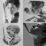 **Design a greyscale hyperrealism, beautiful woman’s full head, drawing back a knife as if she’s about to stab, the knife looks like it’s coming forward, --v 7.0** - <@1116424656908464158> (fast)