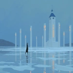 **a woman in a black coat walks on a frozen lake. white pillars with lights inside stand around the lake, and behind it is a tall church with a blue roof at night, in the minimalist anime style. --ar 128:71 --v 7.0 --p mwpi95x** - Image #2 <@451473582770618389>