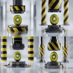 **a iconic ASMR hydraulic press (cylinder) with its iconic black and yellow stripes. A high detailed kiwi fruit made out of glass is standing in the middle of metall plate. clean minimalistic white studio background setting, bright, sterile lighting, reflections on the polished metal and crystal facets, beautiful destruction, high resolution --ar 4:3** - Variations (Strong) by <@672875703666081795> (relaxed)