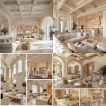 **A grand yet warm luxury living room with 22-foot ornate ceilings, fully coordinated with a quiet-luxury aesthetic. Soft cream and ivory palette, elegant wall paneling, warm natural stone accents, tufted seating, and classic architectural detailing to match the master suite and in-room plunge pool style. Include refined crown molding, detailed ceiling coffers, subtle gold or brushed brass accents, and plush, inviting furniture with layered textures. The space should feel intimate despite its height, with greenery in classic urns and warm ambient sconces. Beyond the living area, reveal an open-concept mansion chef’s kitchen with professional-grade appliances, a large marble island, soft warm lighting, creamy cabinetry, and Italian stone surfaces. Blend Tuscan undertones--travertine, limestone, rustic plaster--with refined modern quiet luxury. Maintain a cohesive, calm, spa-like atmosphere throughout, with natural light, balanced proportions, and ultra-high-end residential finishes. Ultra-realistic, 8k interior architectural photography, warm and inviting mood, residential scale despite grandeur.** - <@1098040737595138178> (fast)