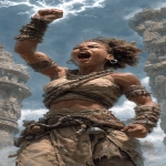 **The Zulu priestess stands among the ancient ruins. Ebony skin and natural hair. Her fingertips crackle with lightning as she summons the powers of the gods. Muscles visibly strained, it is almost more than she can bear, but she is determined. Though her teeth are gritted, her expression is resolute. --ar 1:2 --s 750** - Image #1 <@344228814332887040>