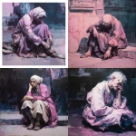 **A fast, strongly colored painting, heavily in tones of pink, white, purple-blue and black, Paris streets, Victorian era, focusing on an old beggar woman shabby, sad, dirty, begging on the street, sitting, in full screen shot, dark atmosphere. Painted by Jenny Saville.** - <@1106776019475636345> (fast)