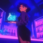 **Fuzzy 90s moe chibi kawaii Anime screengrab, A night club filled with smoke and mirrors that reflect the single beauty standing back a bit walking forward, it's a woman in a business jacket and a long pencil skirt, dark brown stockings, she's carrying a tray with a large pitcher of ice that has glistening blueish square cubes inside and condensation down the glass, her hair midnight blue with purple tips and short cut hair ending around the shoulders, confident smile, narrow squinting blue eyes, pencil thin black eyebrows flat --ar 6:7 --niji 6** - Image #2 <@372629349565988865>