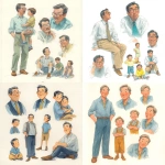 **pencil color, color pencil, gentleman with son, asian, multiple poses and expressions, children's book illustration style, casual look, full color, flat color, jan brett style** - <@1137872850187985036> (fast)