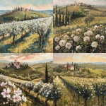 **Olive green | Complement: Whisper of muted rose-red "Rolling vineyard hills at golden hour olive trees curving into the horizon, leading the eye toward a villa glowing warmly in the distance. Oversized blossoms in creamy whites and olive hues rise dramatically in the foreground, petals overlapping into the scene. A whisper of rose-red flickers in small accents at flower centers. Atmospheric haze in distant hills, resting place in calm vineyard rows, painterly edges varied for depth, bold strokes anchoring the foreground. --v 6.0** - <@1110395229338615829> (fast)