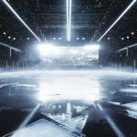 **futuristic sports arena interior, glowing with black, silver and white lights, holographic LED panels stretching across the back wall, fractured ice shard textures embedded in the walls, metallic beams and chrome accents, spotlights shining through thick volumetric fog and icy haze, glossy frozen ice floor with prism reflections and frosty cracks, symmetrical wide cinematic perspective, crisp linear lights adding depth, legendary and immersive high-tech atmosphere, perfect for hockey trading card background --ar 2:3 --q 2 --v 6.1 --raw** - Image #1 <@1007029574430892245>