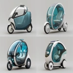 **futuristic compact electric capsule scooter, short and upright body like a standing scooter, enclosed cockpit with transparent glass all around, one front wheel and two rear wheels clearly visible, minimalist design, solar panel on top, soft matte body in soft blue and white, designed for one seated passenger, lightweight, urban personal mobility vehicle, 3/4 view on neutral background --v 6.0 --raw --ar 3:2** - Variations (Region) by <@361336964084924446> (fast)