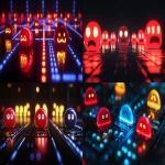 **a videogame scenery with PacMan and ghosts and a total black background, the scene should be vibrant and in the mood of 80s arcade focusing on the red ghost --ar 16:9** - <@153912116150140929> (fast)