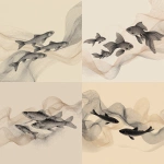 **illustration 2 dimensions graphic concept "**minimalist vector art of grey small fish swimming upstream, stylized flowing water made of thin contour lines, soft beige background, abstract composition, Japanese black ink and line art aesthetic, clean and modern design, sense of motion and harmony, high resolution, fine art poster style, grey color tone** - <@1128954520425222255> (fast)