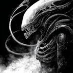 **black and white illustration / of an alien xenomorph / ripped man / infused with massive biomechanical tendrils / etched with intricate textures / heavy industrial aesthetics / dark futuristic fantasycore / flowing brushwork / masterful draftsmanship / atmospheric / eerie / foreboding / grainy / gritty / grungy / macabre / menacing / moody / mysterious / ominous / phantasmagorical / strange / uncanny** - Image #3 <@1080572898269466724>