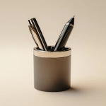 **Realistic close-up of a luxury pen set inside a minimalist metallic pen holder, isolated on a clean light beige background, camera facing at table level, soft shadows and reflections on the metal, high gloss texture, fully focused shot, --ar 4:5 --v 6.1 --quality 2 --raw** - Upscaled (Creative) by <@1145244586088861708> (relaxed)