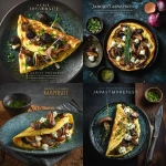 **Please use this style of food photography as guidance. Create a michelin star level photo of an omelet with wild mushrooms, chives, characterized onions and goat cheese. Polished stunning, textured lifestyle photo. <https://s.mj.run/SSYzXUleE9Q> --v 7.0** - <@1083267046139236443> (fast)