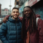 **a photo of two handsome young men smiling and posing for the camera. one is white with short brown hair wearing a blue puffer jacket, the other is a black man with long dreadlocks on top and a fade haircut, wearing a dark red-orange windbreaker. the background is an urban street setting with buildings and signs, and they both have their arms around each other's shoulders, in the style of annie leibovitz. --ar 127:128 --v 7.0 --p 7t8d38w** - Image #2 <@995751013732581408>