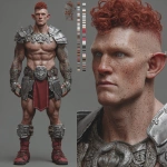 **Character design sheet. Realistic 3d rendering. Character design sheet of a ruggedly handsome, Hyper muscular handsome half orc, bodybuilder, bright silver eyes, short curly red Mohawk, short pointed ears, defined muscles, Huge leg muscles, huge pectoral muscles, big arm muscles, vascular hyper muscular, wide Grecian nose, strong square jaw, defined cheek bones, masculine features, freckles, Bodybuilder, short pointed ears, wearing Roman gladiator armor.** - Image #3 <@1222981214734913607>