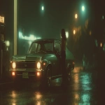 **a beautiful brunette woman getting into a 1970 Chevy nova. Exterior view. Night time. Glowing street lights. Reflections on the car and wet street. Cinematic widescreen shot. --ar 16:9** - Image #4 <@777976082154520586>