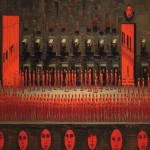 **The Panopticon, bad human storage facility, identical miniature orange figures in perfect rows, straight red line, surveillance, invisible prison, disguised CCTV cameras, impasto background, balanced composition, oil --ar 2:1 --raw** - Image #1 <@744210433703018499>