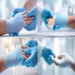 **a doctor is applying an amber bandage to the patient's hand, which has been wrapped in gauze and is wearing blue gloves. the background of this photo features soft, white lighting, creating a clean atmosphere. this medical scene includes elements such as hands and skin that convey a sense of professionalism and care. it also suggests some movement or motion associated with these fingers being dressed by another person. --ar 32:17** - <@1329364848194097226> (fast)