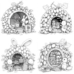 **A whimsical music studio built inside a giant grape cluster, round and glossy with smooth grapes forming curved walls. The front is cut open to reveal a small stage with a microphone and speakers. The rabbit stands singing into the microphone, while the fox adjusts the sound mixer nearby. A few grape leaves and vines decorate the doorway. Black and white coloring book line art, thick clean outlines, no shading, minimal background, easy to color. --v 6.1** - <@1426448926453530644> (relaxed)