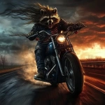 **a photographic, photoshoot, photo realism, worm's eye view, front on view of a anthropomorphic, crazy raccoon with an extremely high pompadour and wild, extremely long, stringy side face hair, is wearing a black leather jacket with the collar up and blue jeans, he is riding on a blue Harley Davidson Chopper with an American flag painted predominantly on the gas tank, we can see the entire motorcycle is in view, the rear tire is spinning, throwing up debris and a little bit of smoke, as the front tire lifts off the pavement. raking light, rim light, beautiful sunset light --style raw --sref 2271222 1682766493 --v 6.1** - Image #1 <@1022866044244733994>