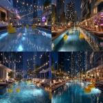 **A sparkling night pool in a modern city rooftop setting, surrounded by high-rise buildings with glowing windows, reflections of city lights on the water, floating yellow duck floaties, luxurious resort-style food and tropical drinks on poolside tables or floating trays, soft neon signage and string lights, chic and dreamy urban resort vibe, highly detailed, no people --ar 3:2 --v 7.0** - <@1118470570560987148> (fast)