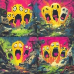 **80s horror B-movie poster style UK bassline cover art, acid rave theme, dripping yellow smiley faces with tongues out and sweat, chaotic debris, exaggerated lighting, VHS grain, neon green and pink palette, hand-painted airbrush textures, campy sci-fi horror vibe, glowing outlines, dramatic composition, inspired by Phatworld, Mozey, Interplanetary Criminal, --ar 1:1 --v 7.0 --s 850 --q 2 --raw** - Variations (Strong) by <@289277077293760513> (fast)