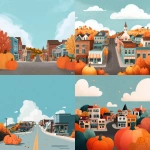 **simple flat illustration of a of a small town in the fall. With a street going down little shops. Same vibes as Gilmore Girls. 3 pumpkins in the foreground. Composition mostly sky. bright fall colours. --v 7.0** - <@1183849741679861822> (fast)