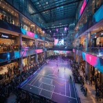 **Young Indian boys and girls playing football on a small 5v5 pitch inside a modern shopping mall, vibrant Premier League branding on boards and banners, a live rap performance on a small stage beside the pitch, energetic crowd of fans filling the upper levels and stands, colorful mall lighting, dynamic motion blur, excited expressions, streetwear outfits, celebratory atmosphere, high-energy urban sports festival vibe, ultra-realistic, cinematic lighting, wide-angle shot --ar 16:9** - Image #4 <@1263206055928791131>