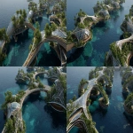 **floating ocean colony for native human, inspired by mangroove structure, high tech and futuristic --ar 16:9 --v 7.0** - Variations (Strong) by <@959777835499798548> (fast)