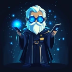 **Futuristic legal wizard mascot, glowing blue eyes, wearing a judge robe mixed with a wizard cloak, holding a digital scroll and a smartphone, cartoonish but clean, high-tech magical vibe, flat design - vector art --s 250** - Image #4 <@844314166369583134>
