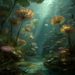 **an underwater forrest with soft light from above, new ammonite amanita species populating the forrest, fantasy illustration style --q 2 --s 250 --v 7.0** - Upscaled by <@1144705496306159626> (fast)